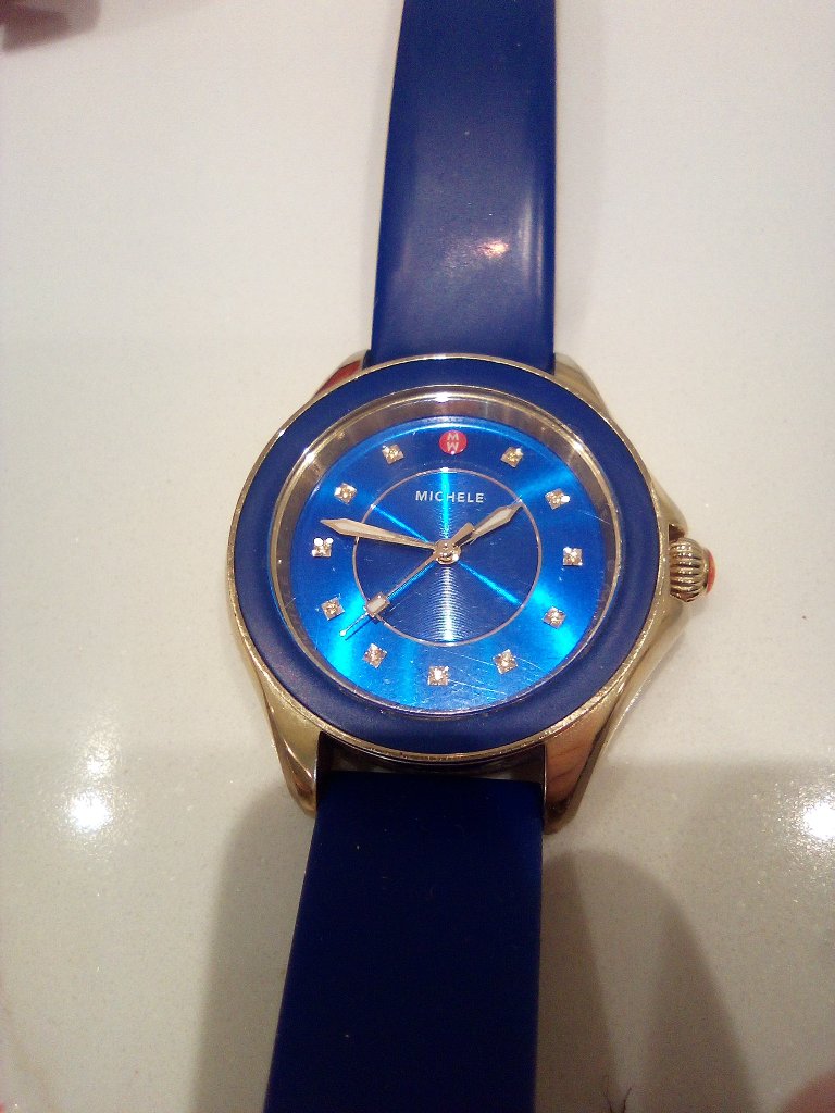 Michele Blue Dial GoldTone Watch With Diamond Hour Markers